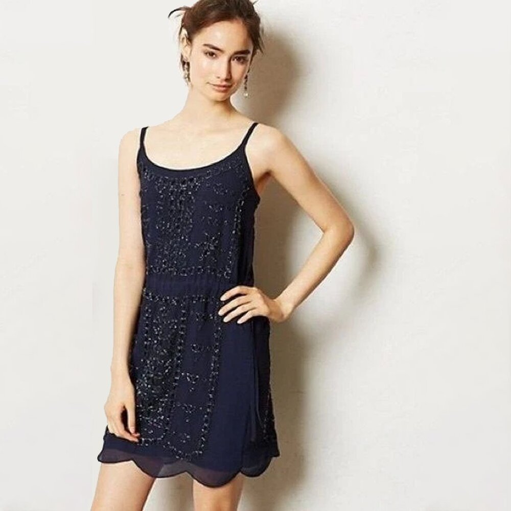 NWT Greylin Gatsby Navy Blue Crepe Beaded Slip Camisole Dress Anthropologie S